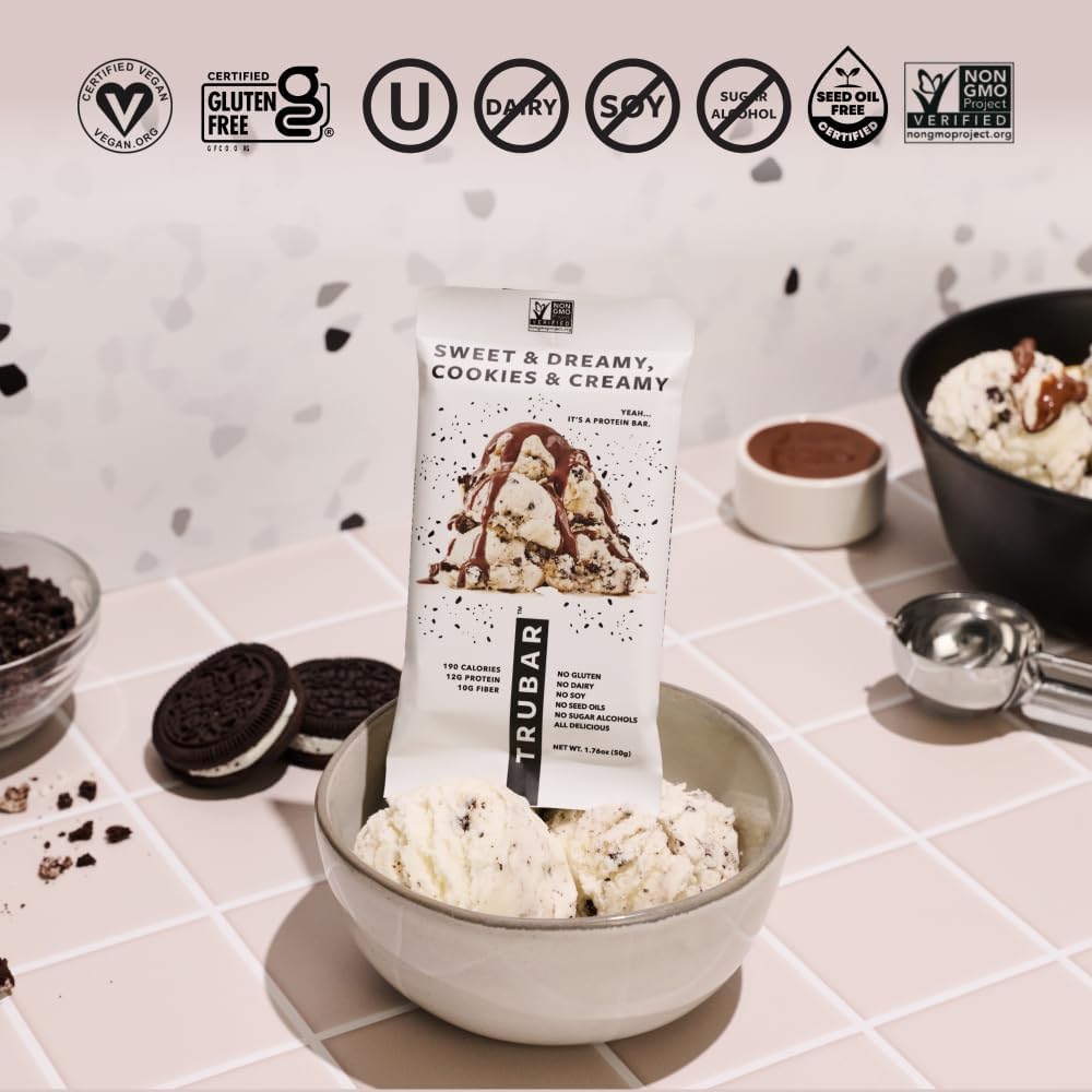 TRUBAR Vegan Protein Bar, Sweet & Dreamy Cookies and Creamy, Gluten Free, Plant Based Protein, Dairy Free, Non GMO, Soy Free, No Sugar Alcohols, 12G Protein, 12G Fiber, 23G Carb,Snack Bars, 12ct