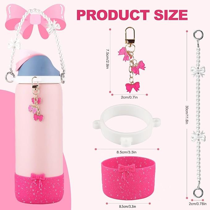 Water Bottle Accessories Set for Owala FreeSip 24oz、32 oz– Includes Pearl Handle Strap, Bow Charms,2.9in .3inch Silicone Bling Boot for Owala Accessories for Women