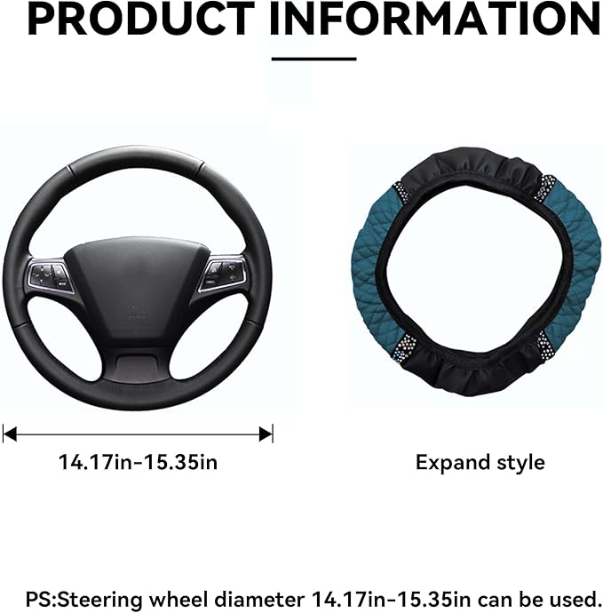 Bling Car Steering Wheel Cover, 15 Inch Rhinestones Soft Leather Elastic Steering Wheel Protector, Sparkly Crystal Diamond for Women Girls, Car Interior Accessories for Most Cars (Dark Green)