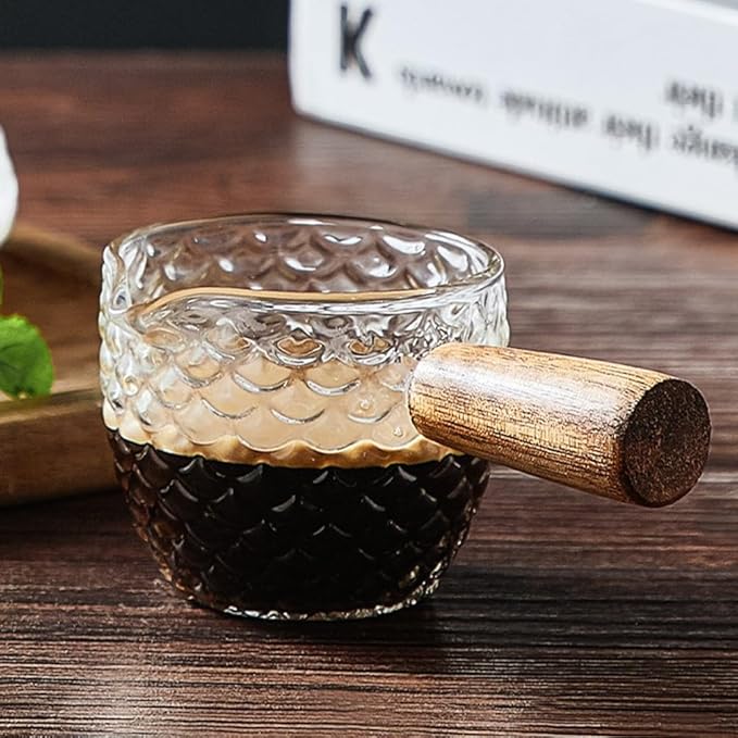 Cabilock 3pcs Glass Milk Pitcher with Wooden Handle, 6 Oz Small Glass Creamer Pitcher Set, Transparent Creamer for Coffee, Tea, Syrup, Salad Dressing