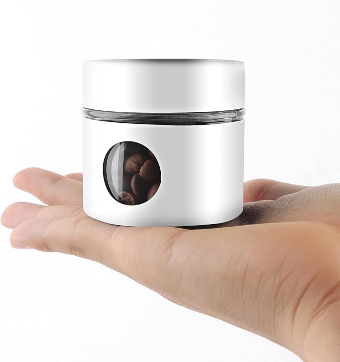 Coffee Canister Travel Jar, Mini Airtight Stainless Steel and Glass Food Storage Container Great for Coffee Bean and Coffee Grounds- White, 1.4 OZ
