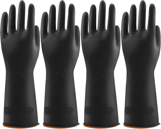 Bamllum 4 Pairs Black Rubber Dishwashing Gloves - Reusable Cleaning Gloves for Kitchen, Household, Anti-Slip, Flexible & Long-Lasting (Large)