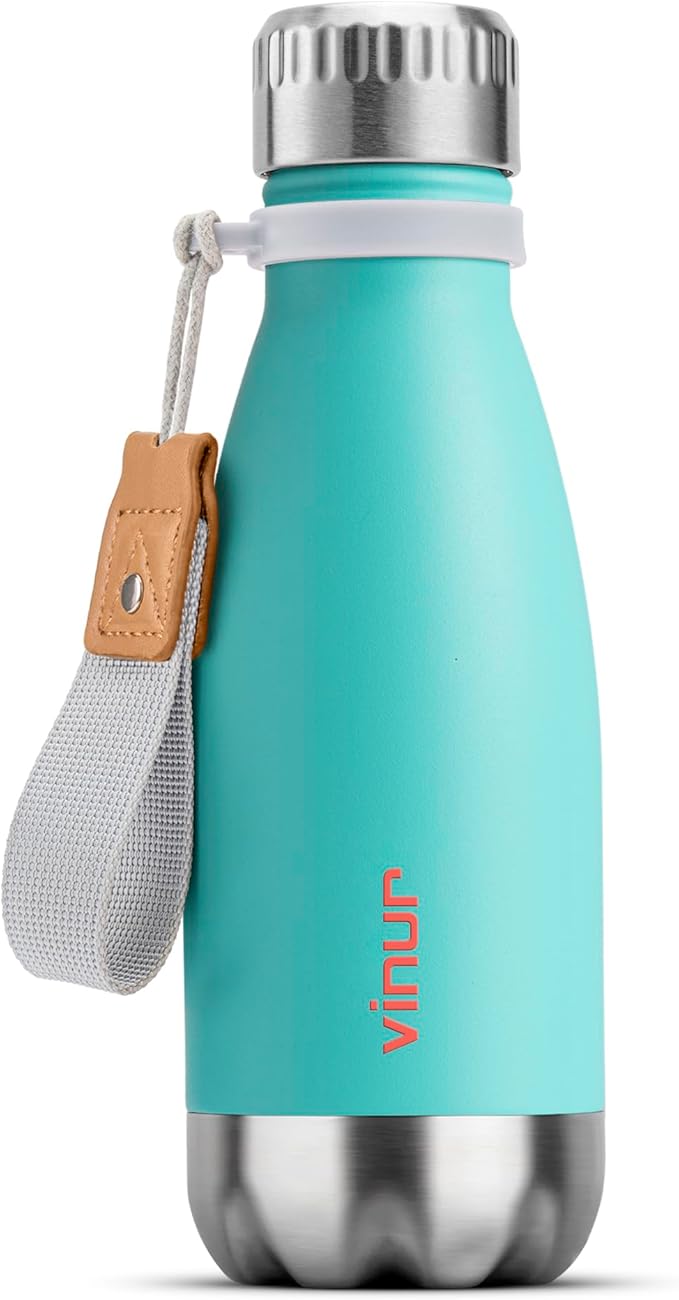 VINUR Small Water Bottle- 9 oz Stainless Steel Vacuum Insulated Leak Proof Water Bottle for kids Travel-Cola Shape Reusable Flask with Carry Rope for Girl, Teal