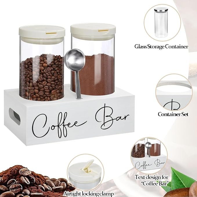 Glass Coffee Containers with Shelf & Scoop, 2 Pcs 48OZ Coffee Storage Jars with Airtight Lid for Coffee Beans, Coffee Powder, Nuts, Snack, Sugar, Tea,White