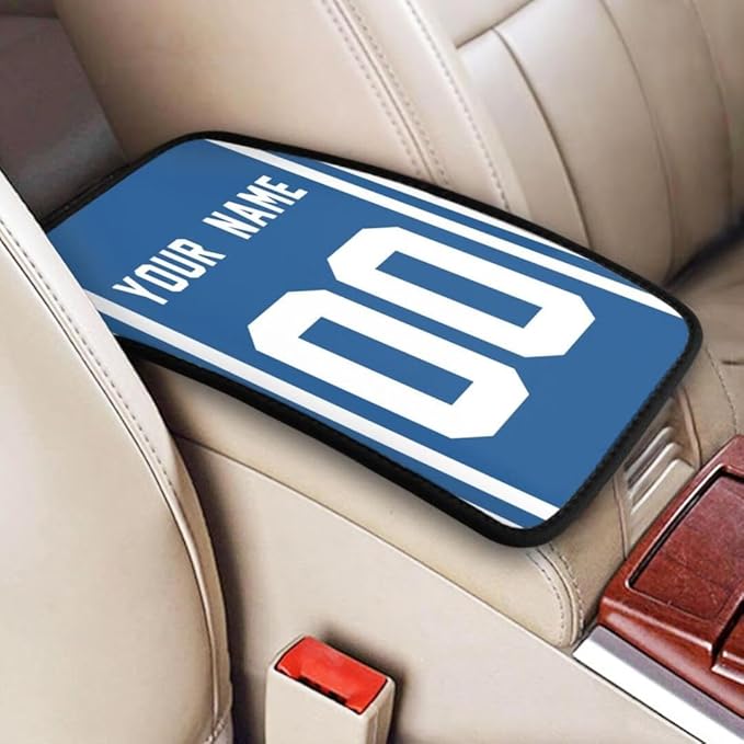 Custom Car Armrest Cover,Add Personalized Name and Number As Gifts for Loyal Football Fans,American Football Auto Center Console Pad Car handrail Box Cushion,Fit for Most Car Seat Box Cover Protector