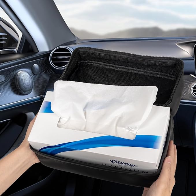 Car Tissue Holder, Standard Tissue Holder for Car Pu Leather Car Napkin Holder, Car Backseat Extra Large Tissue Organization Fit for 120-230 Tissues per Box 9.84'' x 4.72'' x 5.91'' (Black)