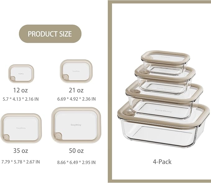 Glass Food Storage Containers with Silicone Glass Lids, Stainless Steel Salad Dressing Containers, LeakProof Food Containers Set, 4-pack 12-21-35-50 oz（White）