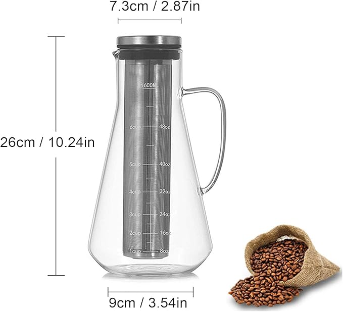 MAVIS LAVEN Cold Brew Coffee Maker, Thickened Borosilicate Glass Pitcher with 304 Stainless Steel Filter and Airtight Sealing, for Iced Tea Hot Tea Fruit Drinks (1600ML)