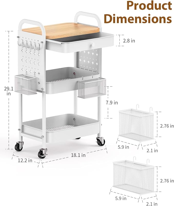 ALVOROG Rolling Cart with Drawer and Wood Table Top, 3 Tier Metal Rolling Utility Cart on Wheels with DIY Pegboards, Hanging Baskets, Hooks for Kitchen, Bedroom, Office, Craft Supplies