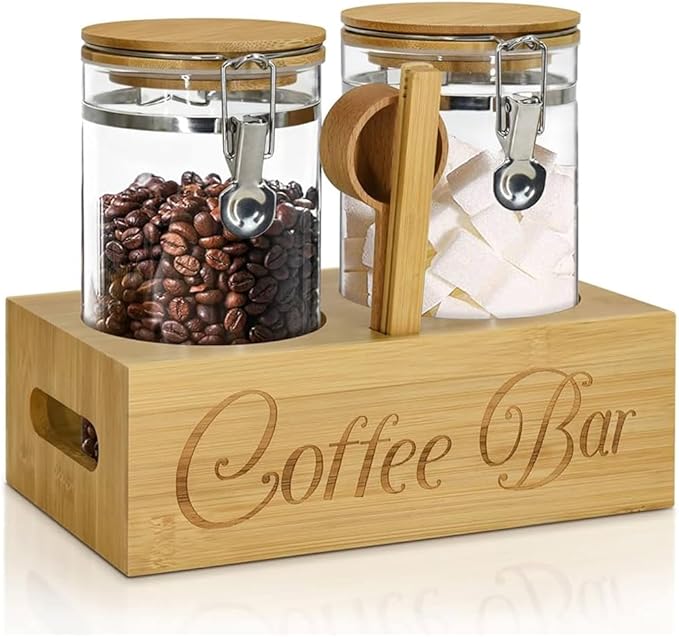Glass Coffee Containers with Shelf & Scoop, 2 Pcs 48OZ Coffee Storage Jars with Airtight Lid for Coffee Beans, Nuts, Snack, Sugar, Tea, Wood color