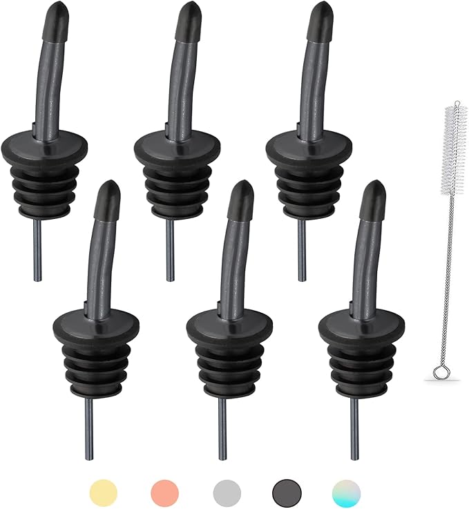 WAFJAMF 6 Pcs Liquor Pour Spouts Set, Stainless Steel Liquor Bottle Pourers with Rubber Dust Caps, for Pours Liquid, Olive Oil, Wine, Vinegar（Black）