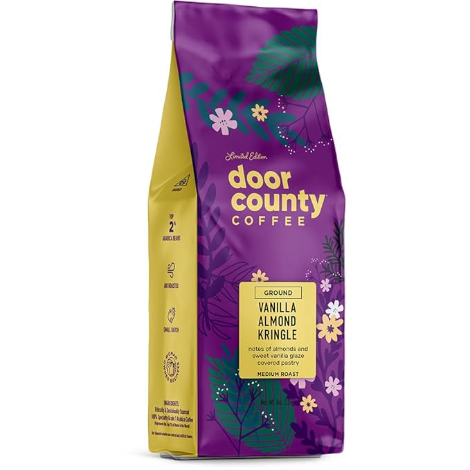 Door County Coffee Vanilla Almond Kringle Flavored Coffee Ground - 8 oz Bag - Spring & Summer Seasonal - Medium Roast - 100% Specialty Arabica - Almonds & Vanilla Glaze