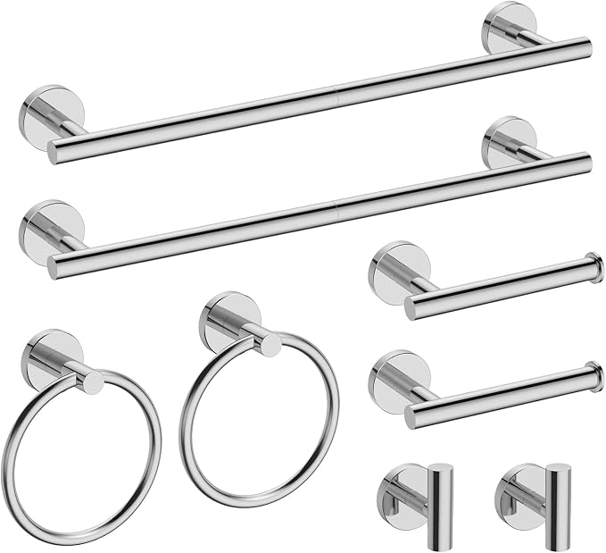 USHOWER Polished Chrome Bathroom Accessories Set, 18-Inch Towel Bar Set Wall Mounted, Durable SUS304 Stainless Steel Bathroom Hardware Set, 8-Piece