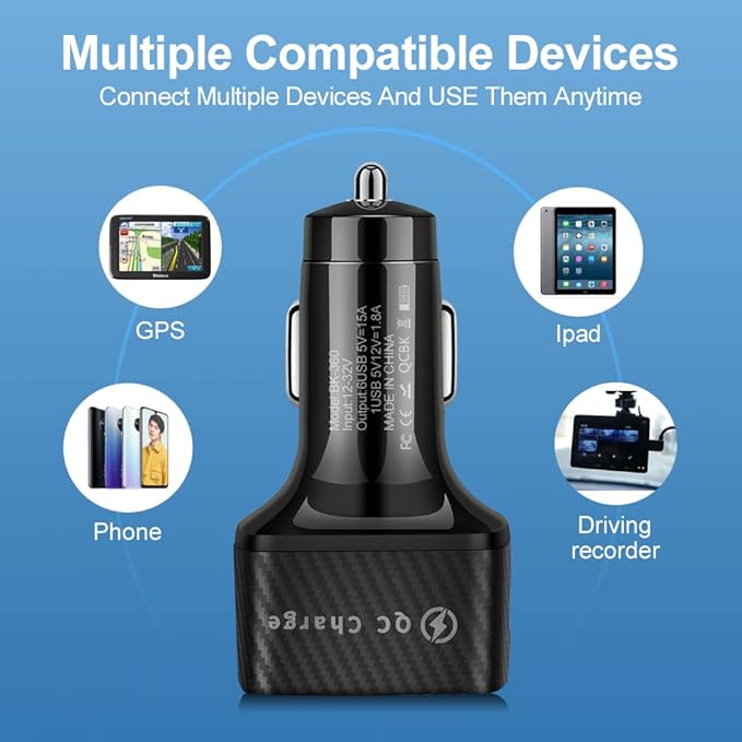 6 in 1 Super Fast Charging USB Car Charger Adapter for iPhone 16 15 14 13 12 11 Samsung & Android, QC3.0 Multi Port Cigarette Lighter USB Charge for Phone