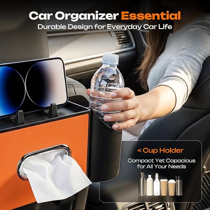 4-in-1 Car Backseat Organizer with Cup Holder, 2026 Upgraded Multifunctional Car Back Seat Organizer with Tissue Box, Trash Bin & Hooks for Hold Phones, Snacks, Drinks, and Handbags (Orange)