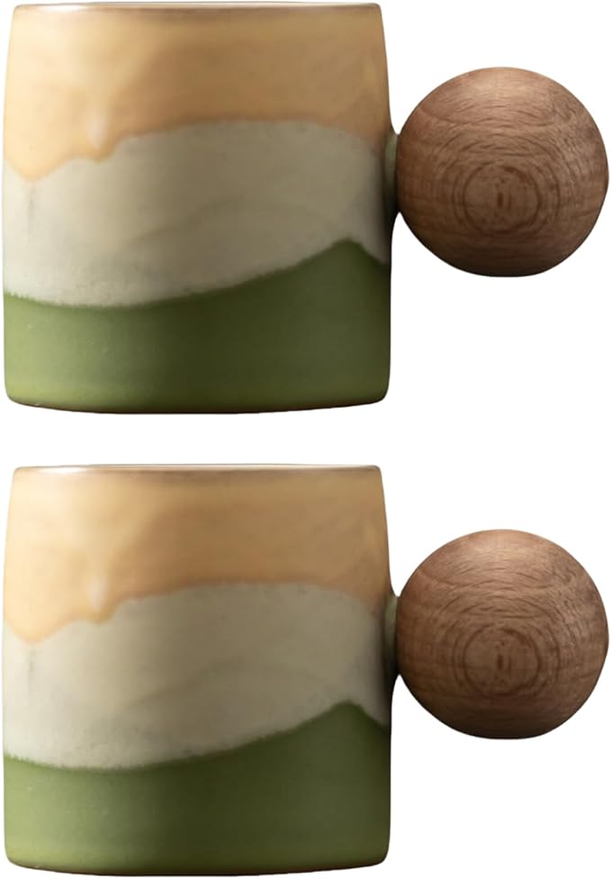 2-Oz Ceramic Espresso Cups with Wood Handle, 2-Piece Set for Coffee, Tea, Latte - Dishwasher Safe, Multi-Color & Wood Styles, Gift & Café Use (Kiln turning green, Round Handle2)