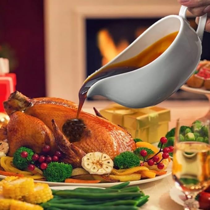 Qlans Gravy Boat With Ladle and Saucer 17 Oz,Ceramic Sauce Boat with Tray for Salad Dressings Milk,Warming Sauces,Creamer,Broth,Black Pepper,White (2 PCS New Gravy Boat With Ladle and Saucer)