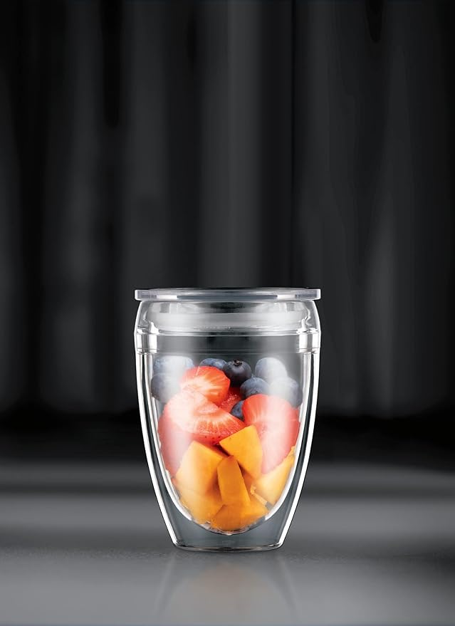Bodum 10oz Pavina Reusable Double Wall Tumblers with Lid, BPA-Free Plastic, Hot and Cold Drinks, Set of 2, Clear