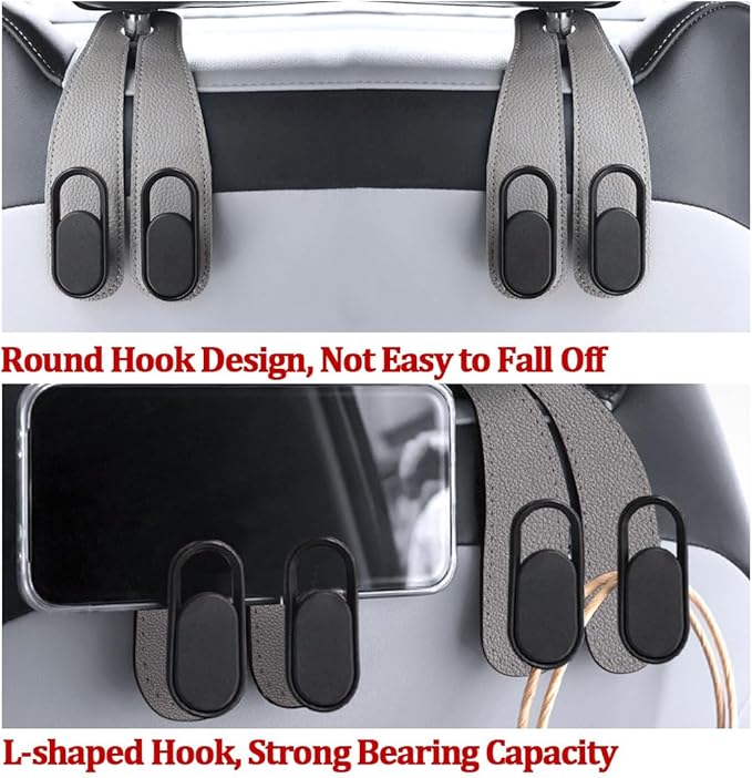 2PCS Car Seat Headrest Hook, Leather Dual Hook Vehicle Seat Back Storage Organizer for Purse Handbag Umbrella, Auto Backseat Groceries Hanger Holder, Universal for Truck SUV Sedan (Gray)