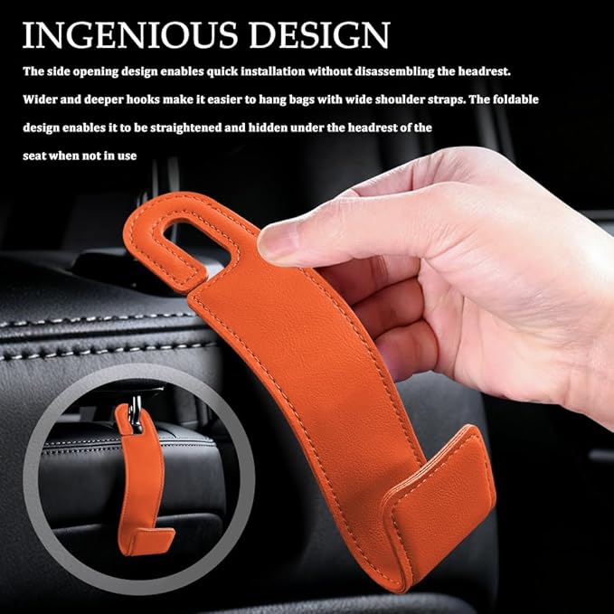 2PCS Purse Holder for Car, Purse Hook for Car, Leather Headrest Hooks for Automotive Back Seat, Auto Accessories Back Seat Organizer Hook for Grocery Bag Handbag Coat (Orange, 2PCS)