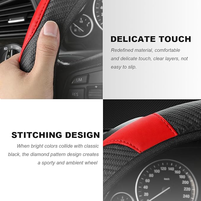 Car Steering Wheel Cover, 15 Inch Carbon Fiber Elastic Vehicle Steering Wheel Protector, Breathable Leather Auto Wheel Covers for Women Men, Interior Car Accessories (Black & Red)