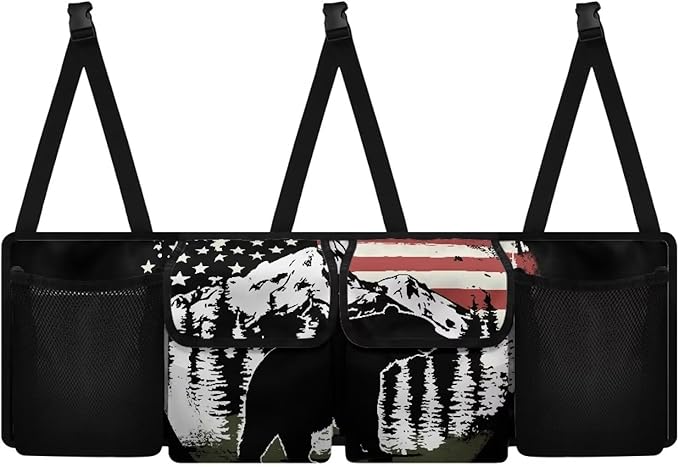 American Flag Bear Car Trunk Organizer, Large Capacity Auto Backseat Hanging Organizer, Thick Backseat Storage Bag with 2 Pockets, 2 Mesh Pockets, Car Trunk Tidy Storage Bag with Lids