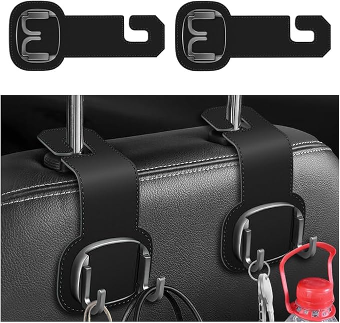 Car Headrest Hooks, 2PCS Foldable Double Vehicle Back Seat Organizer Hanging Holder for Purse Coat Umbrella, Automotive Interior Seatback Storage Hanger Accessories, Universal Fit (Black)