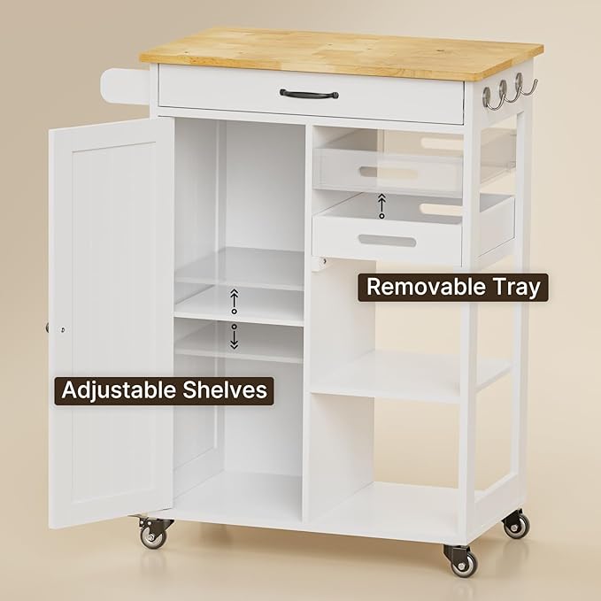 Gizoon Kitchen Island Cart with Removable Tray, 27.6''W Rolling Utility Trolley Cart with Drawer, Cabinet, Towel Rack, Hooks and 3 Open Storage Shelves, Mobile Storage Cart for Dining Room, Bar, White