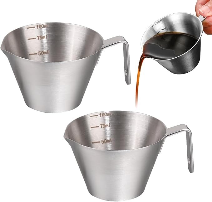 2 Pcs Espresso Cups with Handle, BetterJonny 3.4OZ / 100ML Stainless Steel Coffee Bean Dosing Cup Espresso Machine Accessories,V-Shaped Mouth Metal Measuring Cup with Scale for Bar Home Party