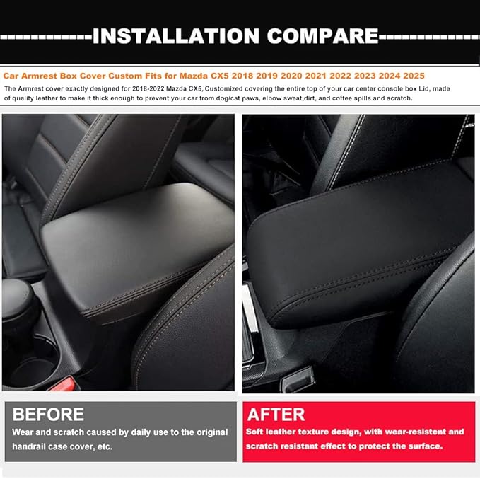 Auprite Center Console Cover for Mazda CX5 2018-2025, Auto Center Console Cover Pad Leather Car Armrest Seat Box Cover Protector for Mazda CX5 Accessories (Black with Black Stitches)