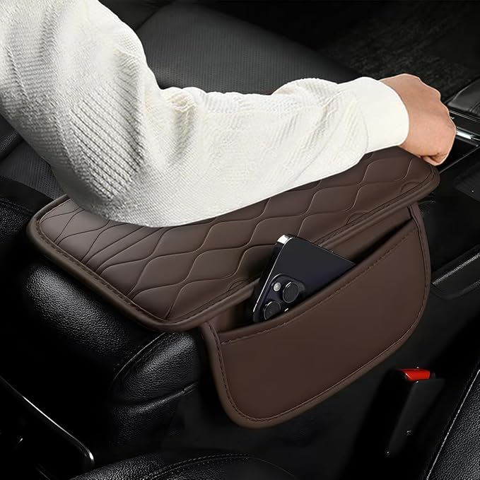 HZEL Car Center Console Cover, Scratch & Wear Resistant Soft Leather Vehicle Armrest Seat Box Cushion Pad with 2 Storage Bag, Waterproof Automotive Interior Protector, Universal Fit (Coffee)
