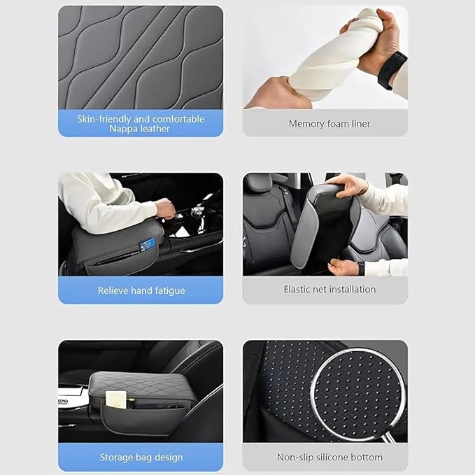 OUTMX Car Center Console Cushion for Lexus is 350 2014-2025, Nappa Leather Memory Foam Armrest Cover with Side Storage Pockets, Auto Elbow Support Pad 1pc,Black