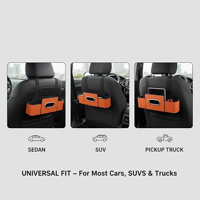 Car Organizers and Storage Box, 4 in 1 Multifunctional Car Organizer Back Seat with 2 Cup Holders & Tissue Box, Backseat Cars Organizer for Hold Phone, Snacks, Drinks, Handbag(Black,1Pc)