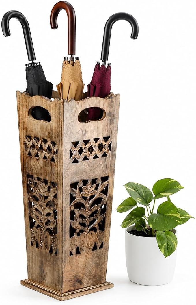 Hand-Carved Wooden Umbrella Stand & Walking Cane Holder, 21 Inch Tall Decorative Umbrella Rack, Rustic Floor Storage Organizer for Entryway, Hallway, Home & Office