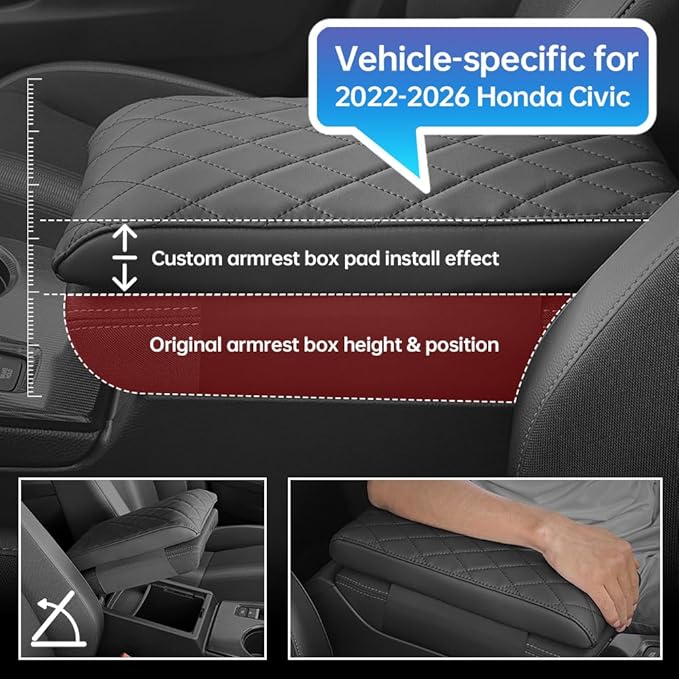 Civic Center Console Cover/Pad Fit 2022-2023 2024 2025 2026,Faux Leather Honda Civic Armrest Mat,Ergonomic Support Cushion,Console Protector,Waterproof Wear-Resistant Scratch-Resistant