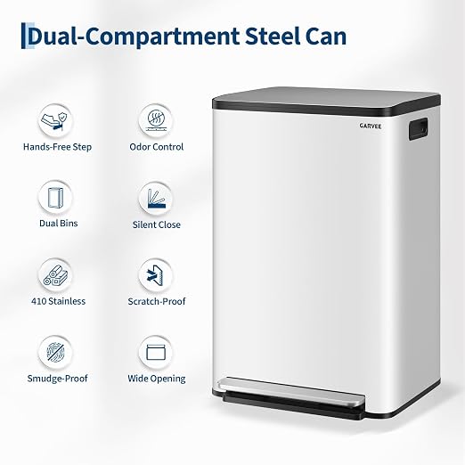 13 Gallon Trash Can Kitchen Garbage Bin with Removable Inner Buckets 50L Stainless Steel Step-on Metal Large Waste Cans with Soft Close Lid White