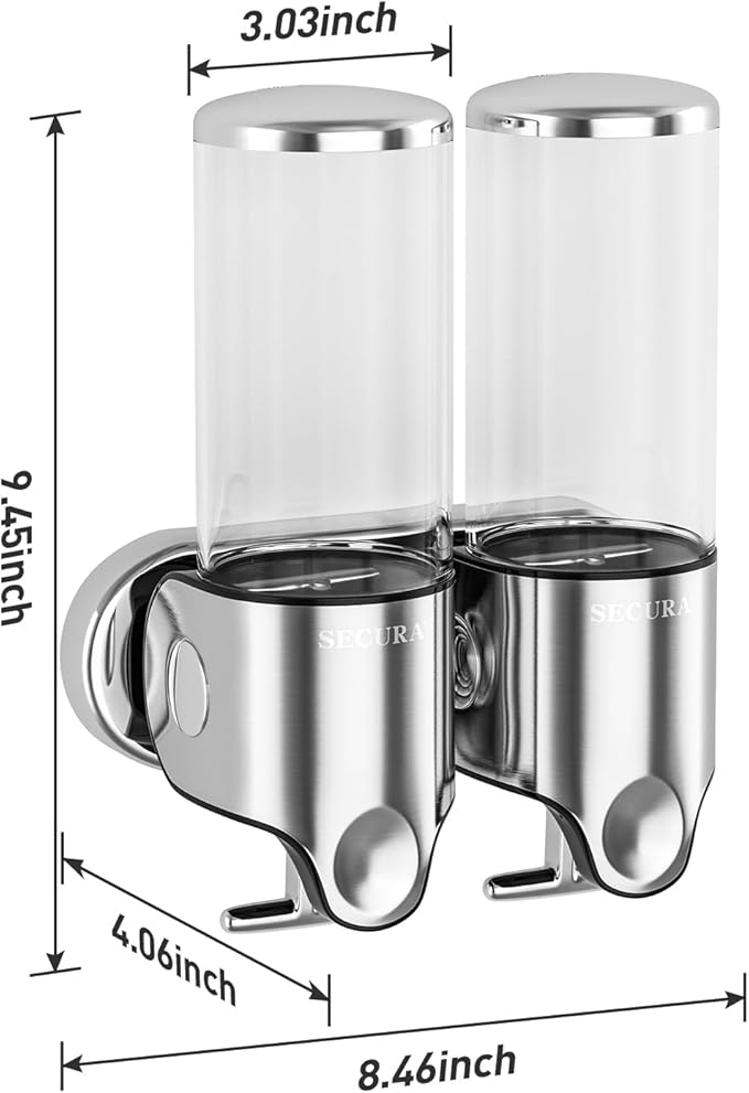 Secura Double Wall Mounted Soap Dispenser, 2 x 17 fl oz Shampoo and Soap Dispensers Perfect for Home & Kitchen (Stainless Steel)