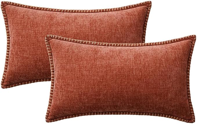 MIULEE Pack of 2 Fall Lumbar Throw Pillow Covers 12x20 Inch Burnt Orange Farmhouse Decorative Pillow Covers with Stitched Edge Soft Chenille Solid Dyed Pillow Covers for Couch Sofa Bed Living Room