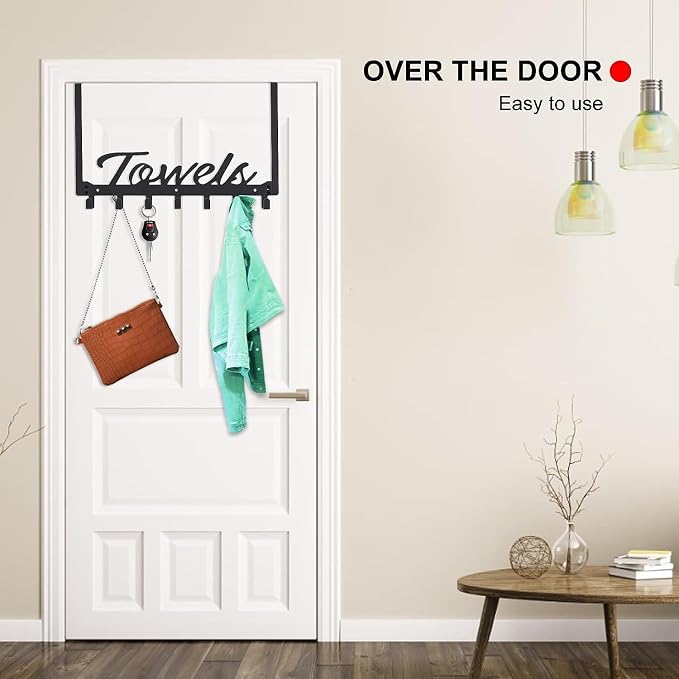Azmoncy Over The Door Hooks - Heavy Duty Towel Rack with 6 Hooks for Bedroom, Bathroom, Kitchen - Holds Towels, Bags, Coats, Hats - Black