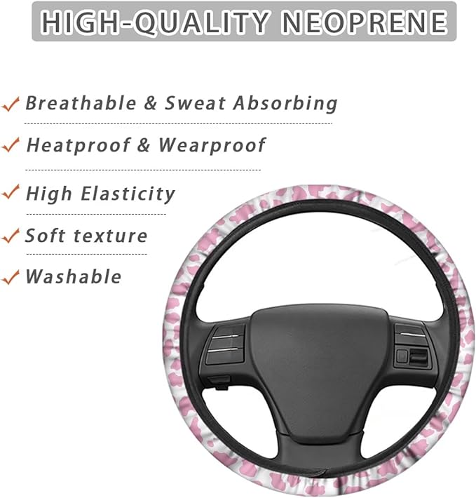 Universal Non-Slip Steering Wheel Cover, 15-inch Polyester Material Driving Accessories, Adjustable for Car and Truck(Pink White Cow Print)