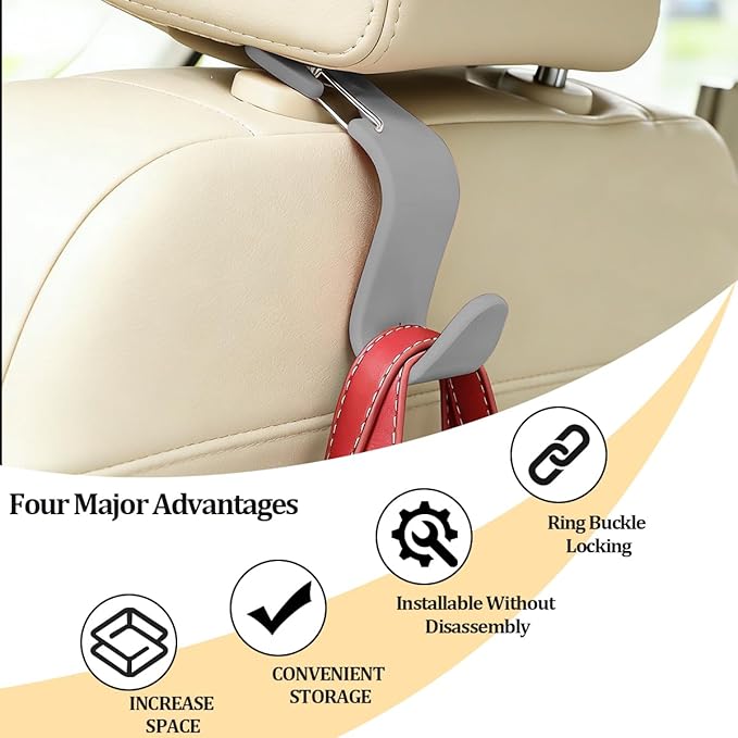 4PCS Car Seat Headrest Hook, Multifunctional Vehicle Seat Back Hanger Holder for Purse Handbag Umbrella, Automotive Interior Backseat Storage Organizer, Universal for SUV Van Truck (Gray)