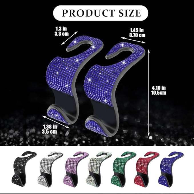 2PCS Car Seat Hooks, Purse Hook for Car, Crystal Rhinestone Vehicle Backseat Purse Holder, Auto Accessories Diamond Auto Seatback Storage Organizer Hanger for Handbag Clothes Purse (Blue)