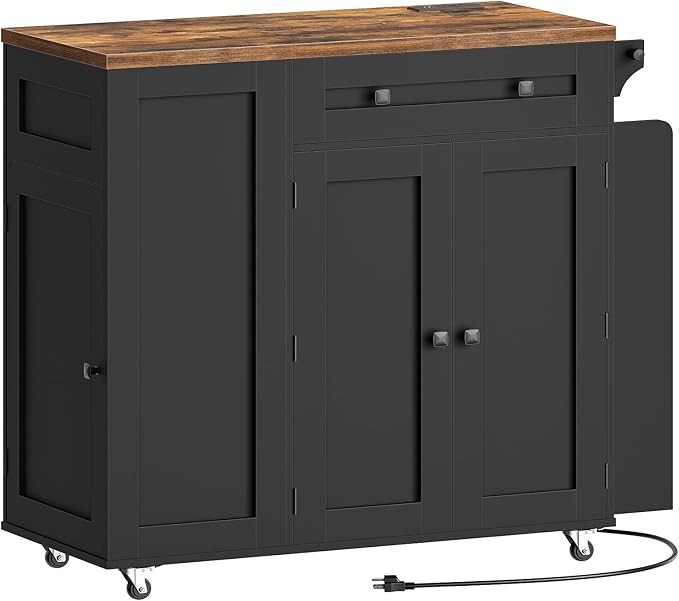 Kitchen Island with Storage, Mobile Rolling Cart with Trash Can Storage, Kitchen Island on Wheels, Rolling Island Table with Charging Station, Spice Rack, for Kitchen, Rustic Brown ZD02UBR