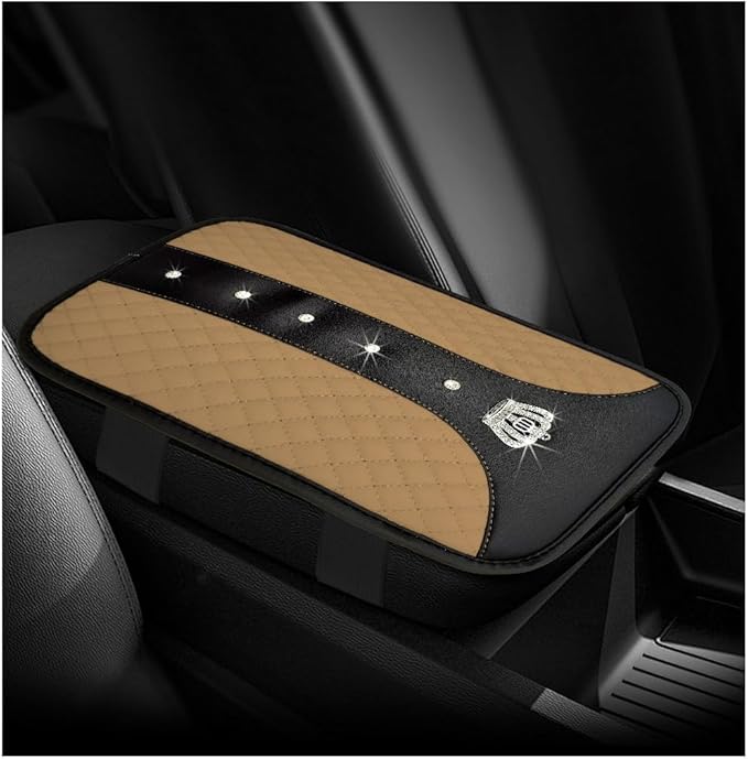 Bling Leather Car Center Console Cover, Anti-Slip Crown Armrest Seat Box Cushion Pad with Rhinestones, Waterproof Crystal Arm Rest Protector Interior Decor for Most Vehicles (Beige)