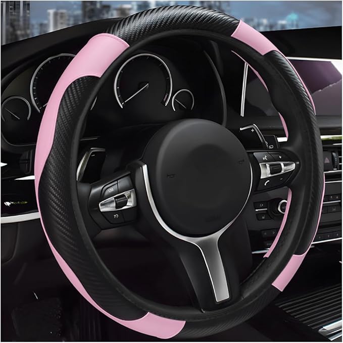 Elastic Steering Wheel Cover with Anti-Slip Lining - Microfiber Leather Carbon Fiber Steering Wheel Protector (Black + Pink)