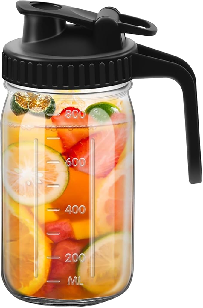 1Pc Wide Mason Jar Pitcher,32oz Glass Pitcher with Lid Double Leak-proof with Handle Water Jug Wide Mouth Breast Milk Fridge Container for Water, Juice (32oz Black)