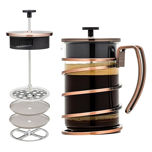OVENTE French Press Coffee Maker 27 Ounce with Heat Resistant Borosilicate Glass, Stainless Steel Design and 4-Level Filter System, Portable Cold Brewer Pot for Travel, Camping or Gift, Copper FSW27C