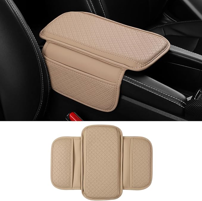 Upgraded Car Center Console Cover,Microfiber Leather Car Armrest Cover Cushion with 2 Storage Bags,Universal Car Armrest Storage Box Car Interior Accessories for Most Vehicles (Beige)