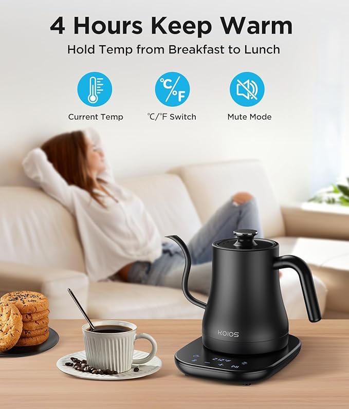 KOIOS Gooseneck Electric Kettle with ±1℉ Temperature Control & Mute Mode, 0.8L Pour Over Kettle for Coffee & Tea, 1200W Quick Heating Stainless Steel Water Boiler with 4Hrs Keep Warm, Matt Black