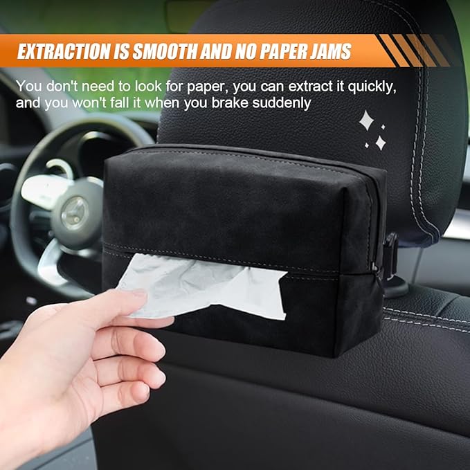 Car Tissue Holder, Rectangular Tissues Box Cover, Back Seat Tissue Dispenser for Tissues, Car Napkin Holder with Elastic Band, Fits for Storage & Organizer (Black)